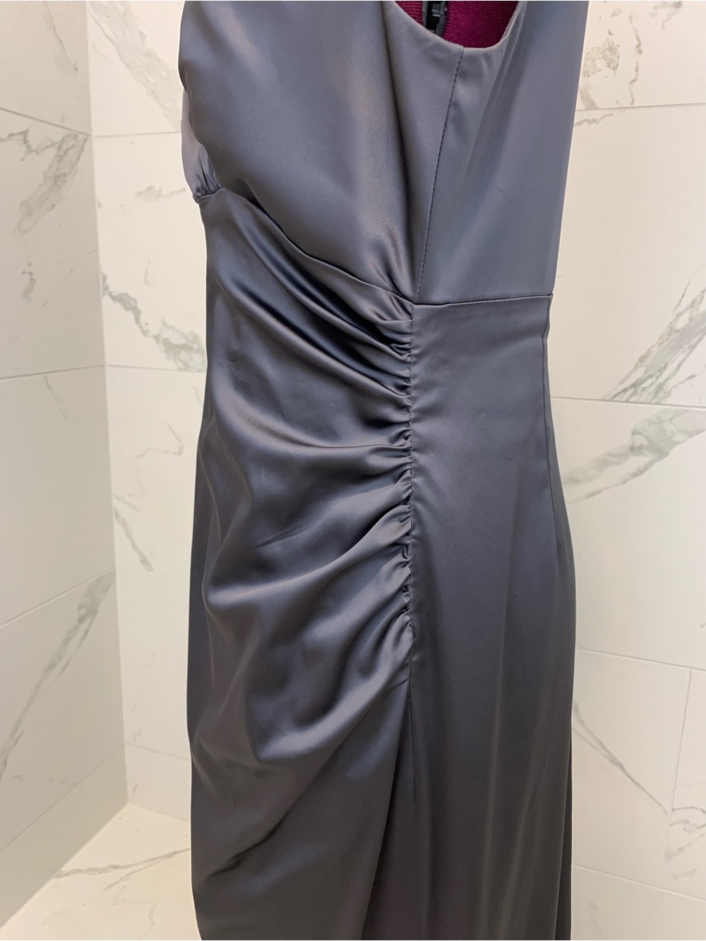 Lauren Ralph Lauren Satin V-Neck Evening Dress Gray 12 - Picture 13 of 16